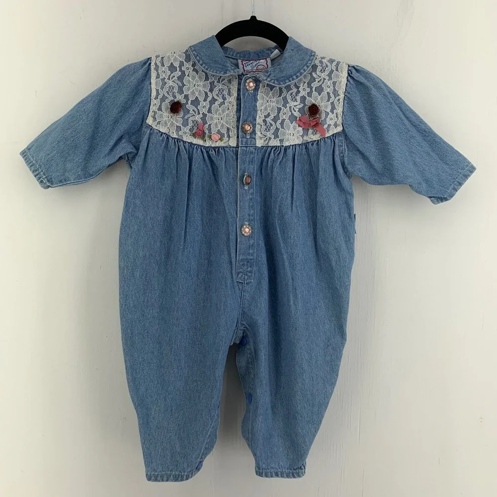 Vintage San Francisco Blues Baby Girl Denim Lace Floral Romper 12M 90s Cottage